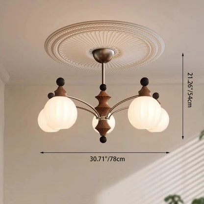Traditional French Ash Wood Glass Round Shade 3/5-Light Chandelier For Living Room