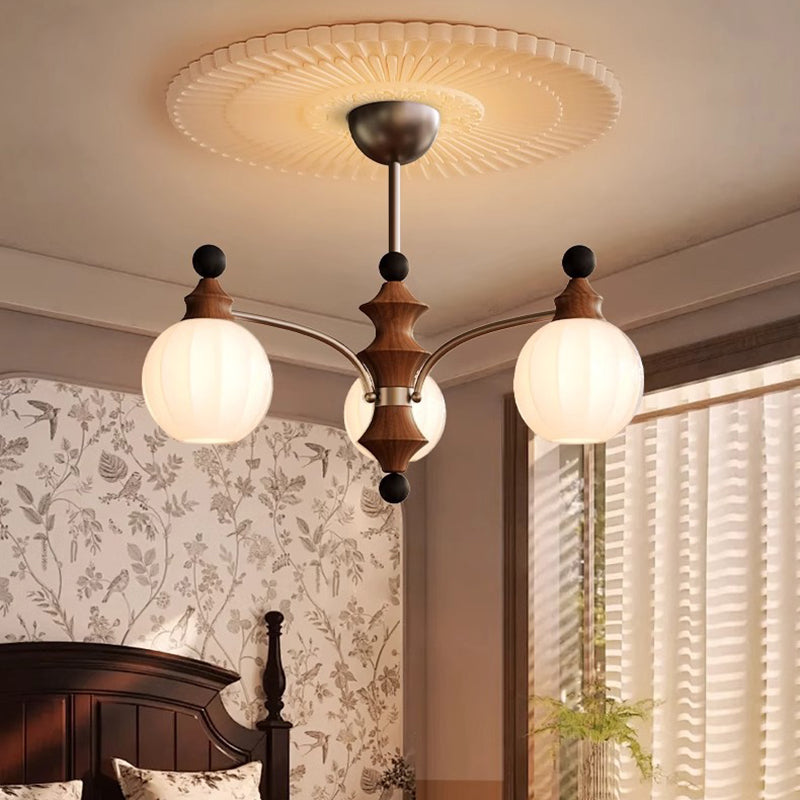 Traditional French Ash Wood Glass Round Shade 3/5-Light Chandelier For Living Room