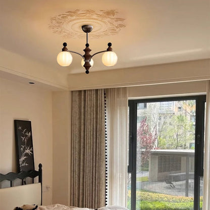 Traditional French Ash Wood Glass Round Shade 3/5-Light Chandelier For Living Room