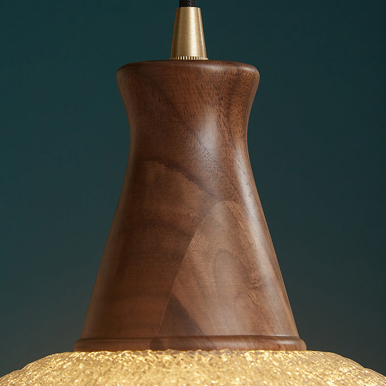 Traditional Vintage Water Ripple Tapered Glass Solid Wood 1-Light Pendant Light For Living Room