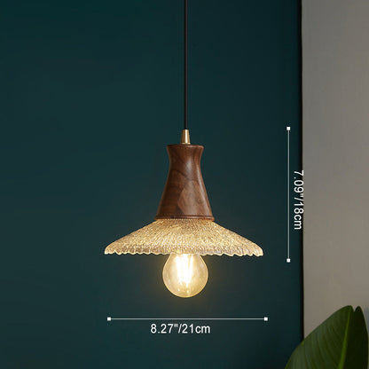 Traditional Vintage Water Ripple Tapered Glass Solid Wood 1-Light Pendant Light For Living Room