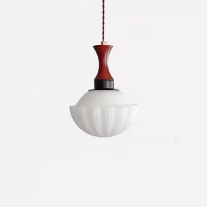 Contemporary Retro Solid Wood Round Glass Shade 1-Light Pendant Light For Living Room
