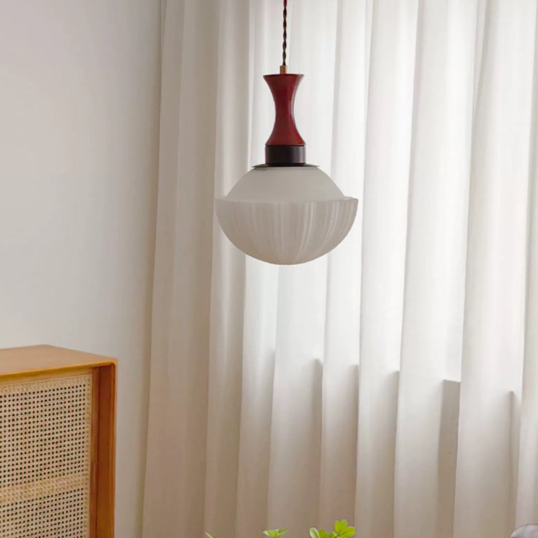 Contemporary Retro Solid Wood Round Glass Shade 1-Light Pendant Light For Living Room