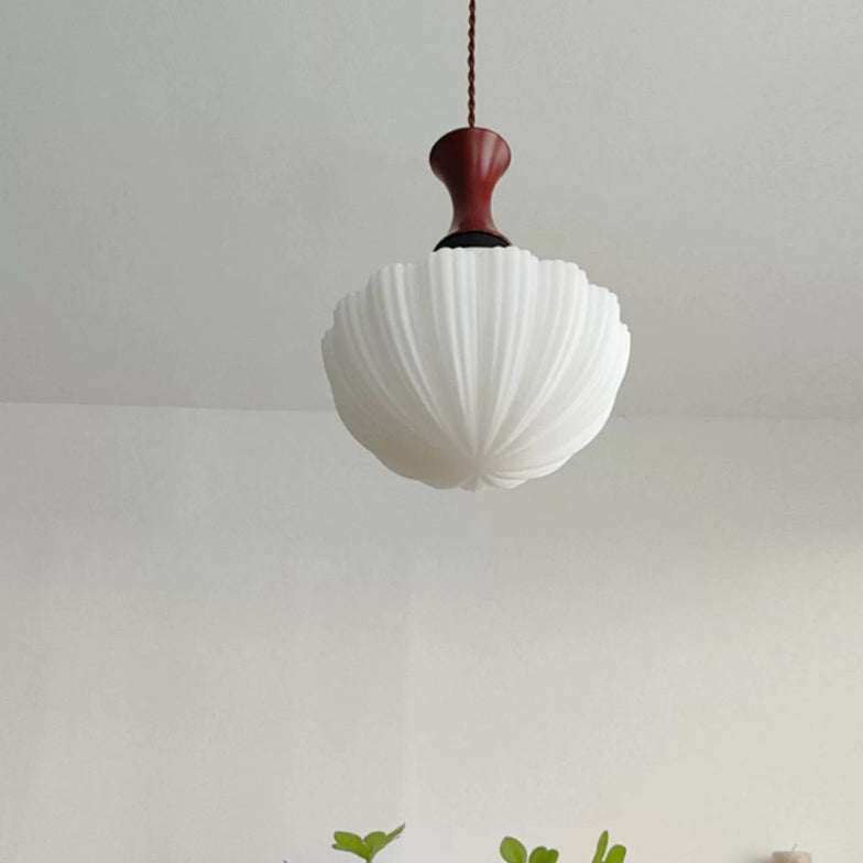 Contemporary Retro Solid Wood Round Glass Shade 1-Light Pendant Light For Living Room