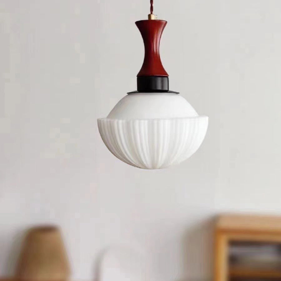 Contemporary Retro Solid Wood Round Glass Shade 1-Light Pendant Light For Living Room