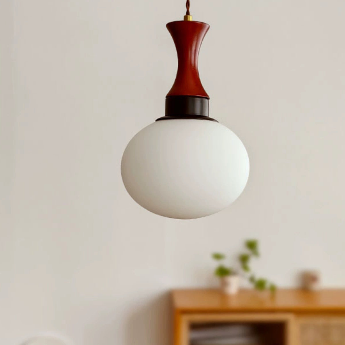 Contemporary Retro Solid Wood Round Glass Shade 1-Light Pendant Light For Living Room