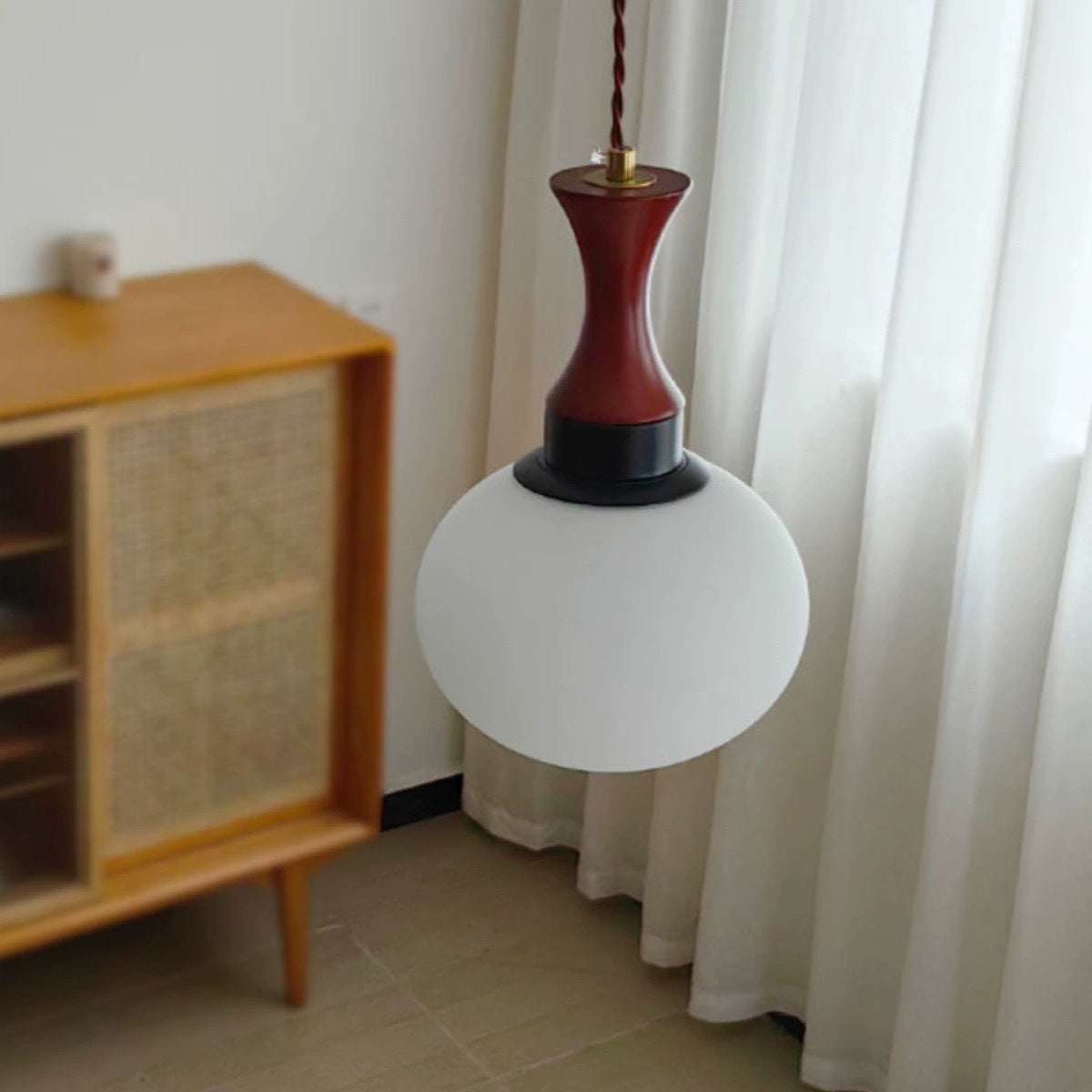 Contemporary Retro Solid Wood Round Glass Shade 1-Light Pendant Light For Living Room