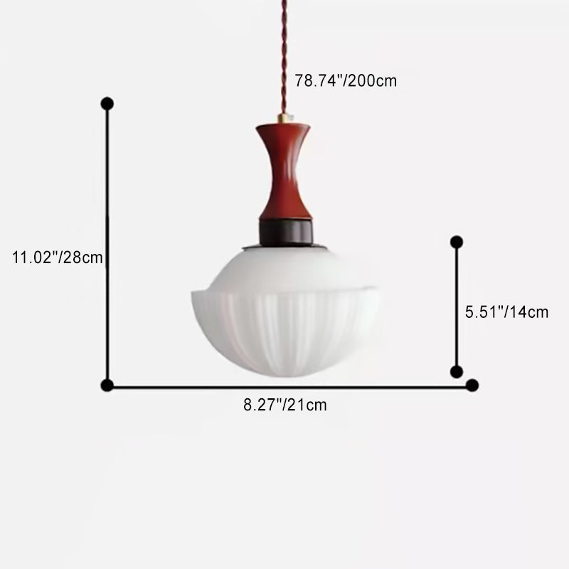 Contemporary Retro Solid Wood Round Glass Shade 1-Light Pendant Light For Living Room