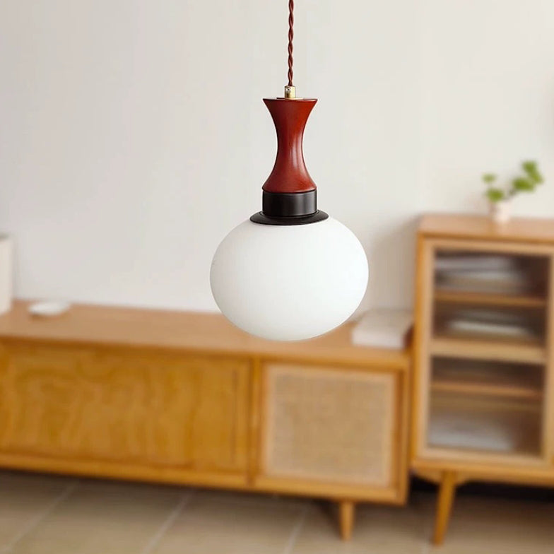 Contemporary Retro Solid Wood Round Glass Shade 1-Light Pendant Light For Living Room