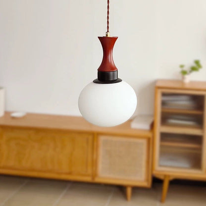 Contemporary Retro Solid Wood Round Glass Shade 1-Light Pendant Light For Living Room