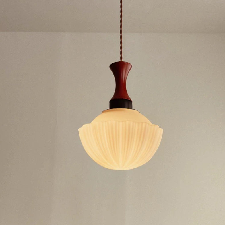 Contemporary Retro Solid Wood Round Glass Shade 1-Light Pendant Light For Living Room