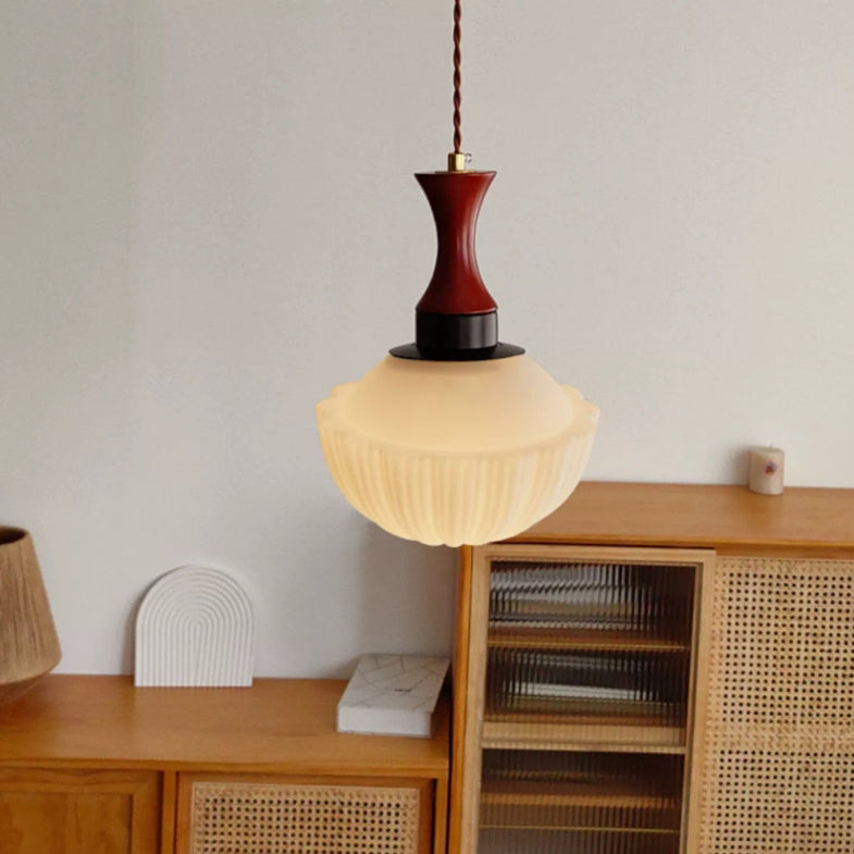 Contemporary Retro Solid Wood Round Glass Shade 1-Light Pendant Light For Living Room