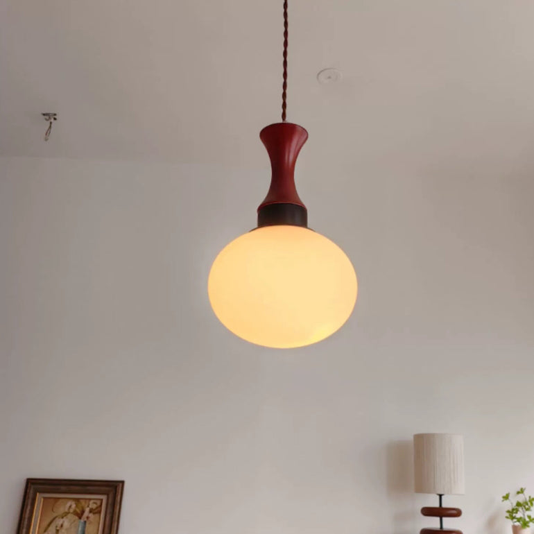 Contemporary Retro Solid Wood Round Glass Shade 1-Light Pendant Light For Living Room