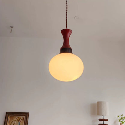 Contemporary Retro Solid Wood Round Glass Shade 1-Light Pendant Light For Living Room