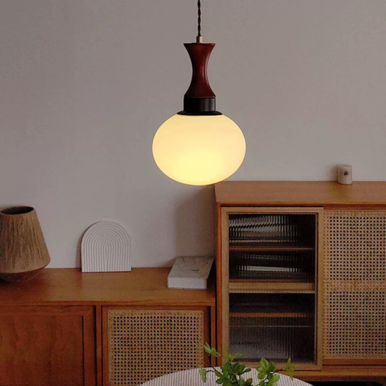 Contemporary Retro Solid Wood Round Glass Shade 1-Light Pendant Light For Living Room