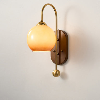 Traditional French Glass Round Shade Metal Wood 1-Light Wall Sconce Lamp For Dining Room