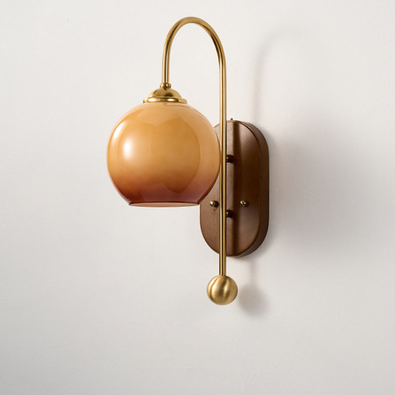 Traditional French Glass Round Shade Metal Wood 1-Light Wall Sconce Lamp For Dining Room