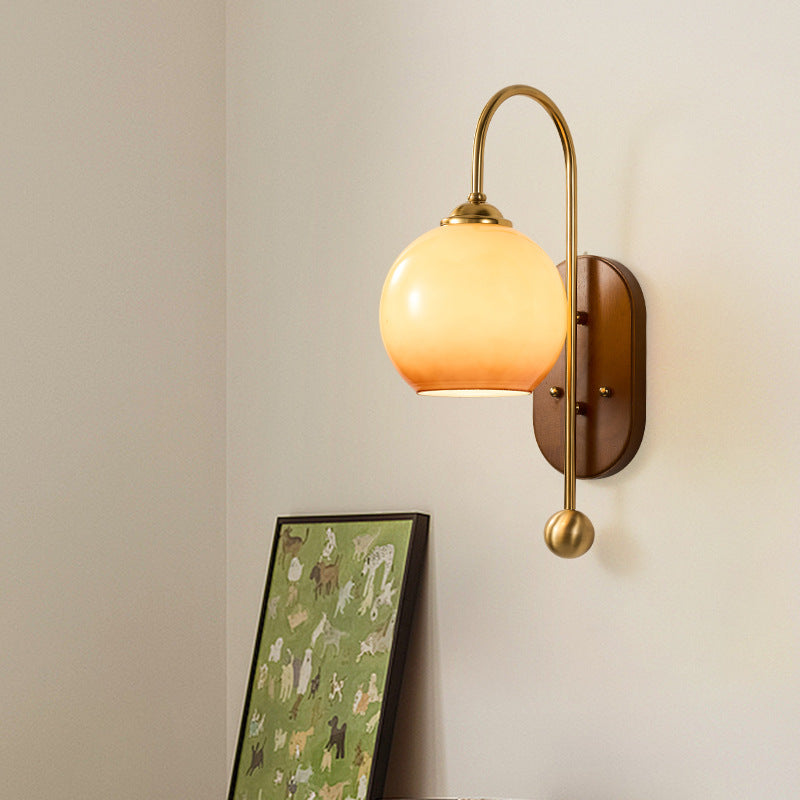Traditional French Glass Round Shade Metal Wood 1-Light Wall Sconce Lamp For Dining Room