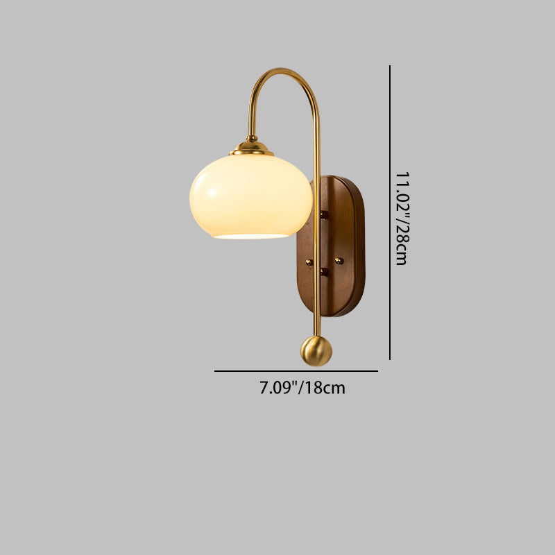 Traditional French Glass Round Shade Metal Wood 1-Light Wall Sconce Lamp For Dining Room