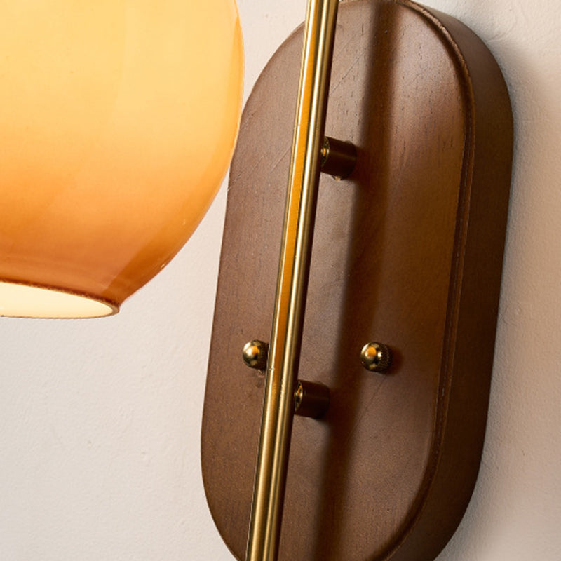 Traditional French Glass Round Shade Metal Wood 1-Light Wall Sconce Lamp For Dining Room
