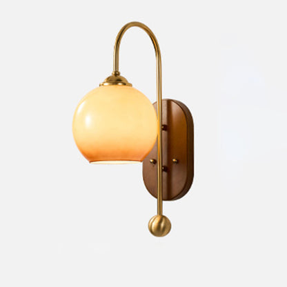 Traditional French Glass Round Shade Metal Wood 1-Light Wall Sconce Lamp For Dining Room
