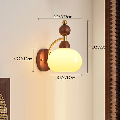 Traditional Vintage Glass Ball Shade Iron Wood 1-Light Wall Sconce Lamp For Dining Room
