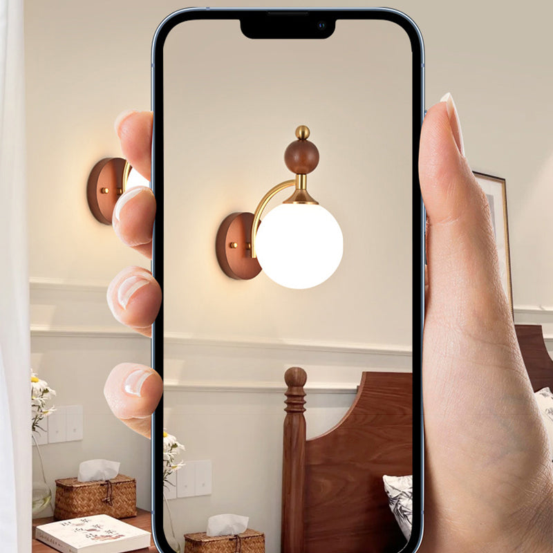 Traditional Vintage Glass Ball Shade Iron Wood 1-Light Wall Sconce Lamp For Dining Room