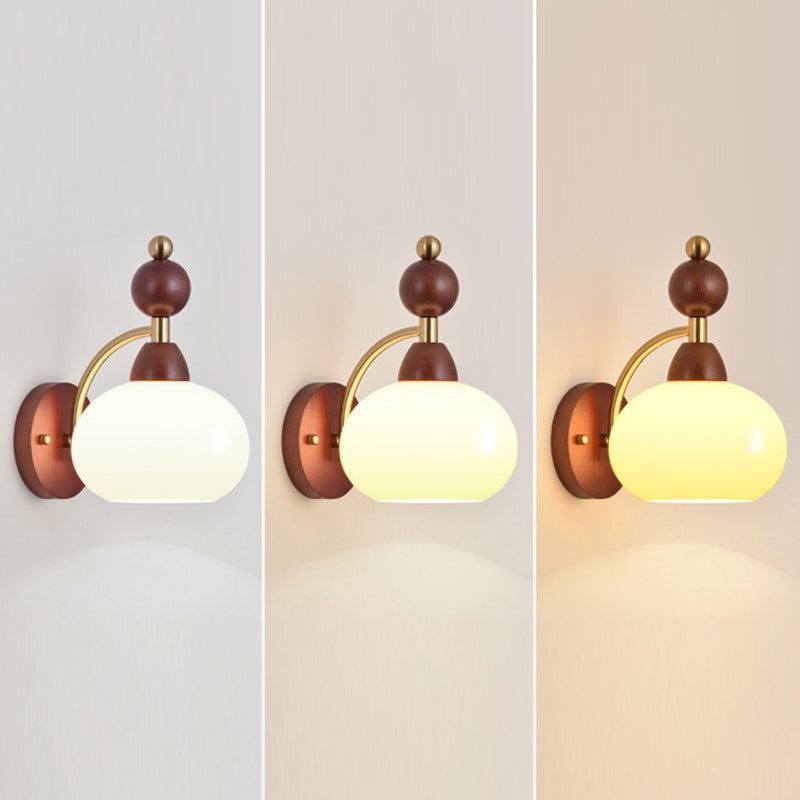 Traditional Vintage Glass Ball Shade Iron Wood 1-Light Wall Sconce Lamp For Dining Room