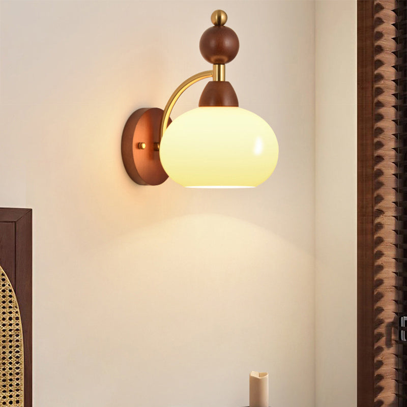 Traditional Vintage Glass Ball Shade Iron Wood 1-Light Wall Sconce Lamp For Dining Room