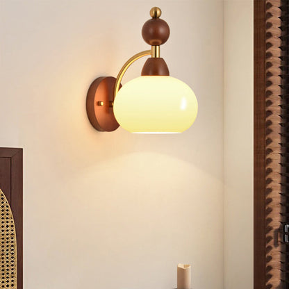 Traditional Vintage Glass Ball Shade Iron Wood 1-Light Wall Sconce Lamp For Dining Room