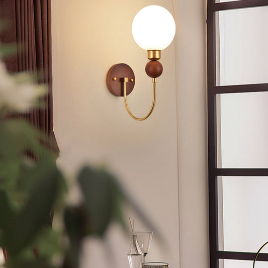 Traditional Vintage Glass Ball Shade Iron Wood 1-Light Wall Sconce Lamp For Dining Room