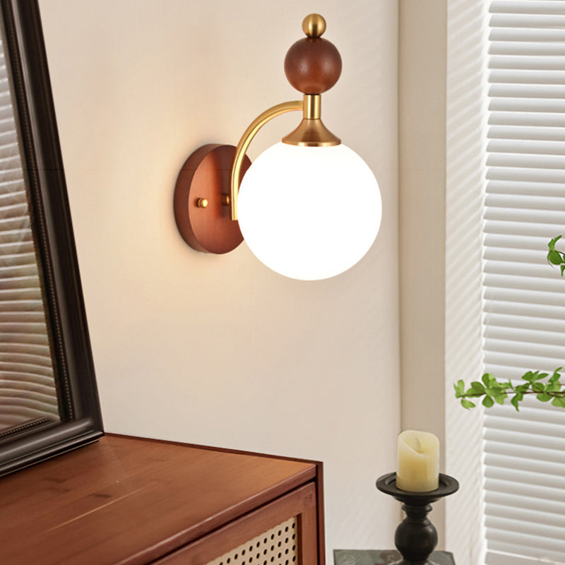 Traditional Vintage Glass Ball Shade Iron Wood 1-Light Wall Sconce Lamp For Dining Room