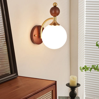 Traditional Vintage Glass Ball Shade Iron Wood 1-Light Wall Sconce Lamp For Dining Room