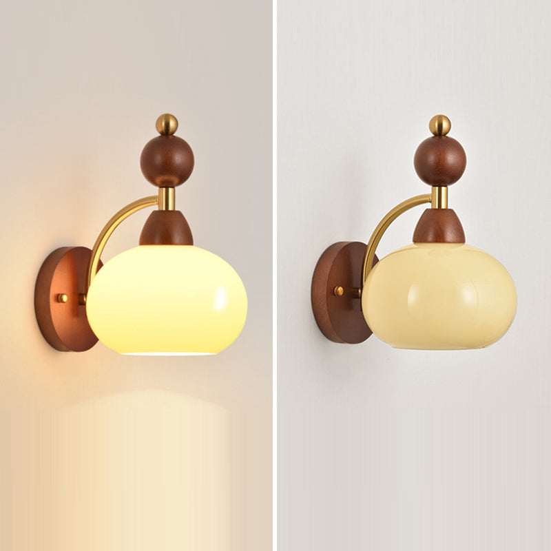 Traditional Vintage Glass Ball Shade Iron Wood 1-Light Wall Sconce Lamp For Dining Room
