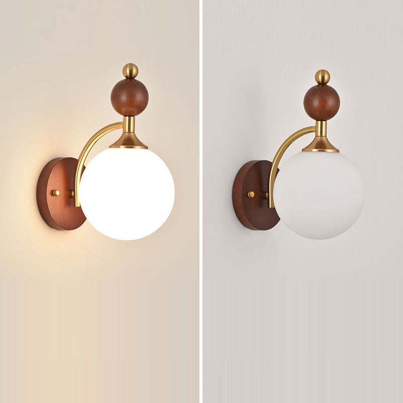 Traditional Vintage Glass Ball Shade Iron Wood 1-Light Wall Sconce Lamp For Dining Room