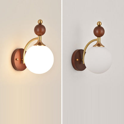 Traditional Vintage Glass Ball Shade Iron Wood 1-Light Wall Sconce Lamp For Dining Room
