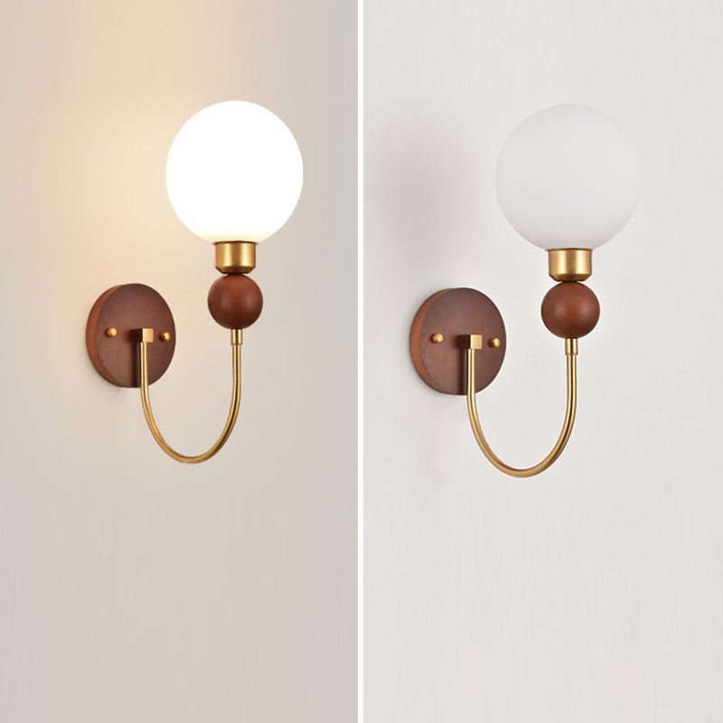 Traditional Vintage Glass Ball Shade Iron Wood 1-Light Wall Sconce Lamp For Dining Room