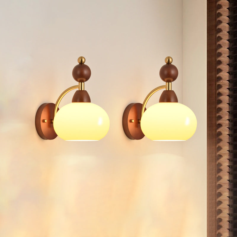 Traditional Vintage Glass Ball Shade Iron Wood 1-Light Wall Sconce Lamp For Dining Room