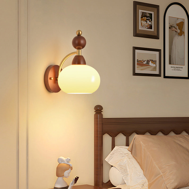 Traditional Vintage Glass Ball Shade Iron Wood 1-Light Wall Sconce Lamp For Dining Room