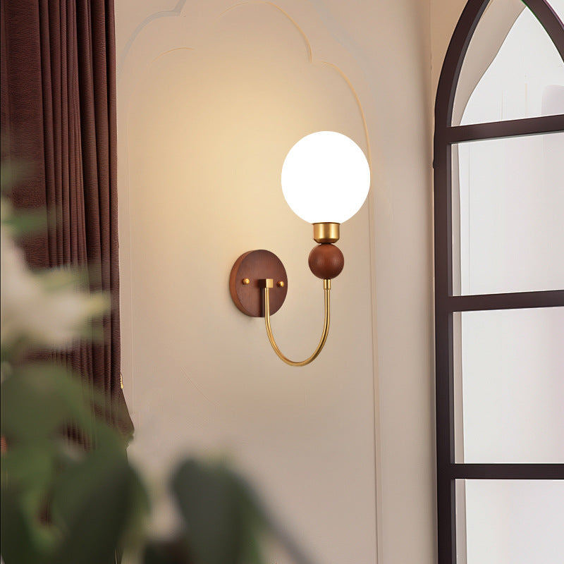 Traditional Vintage Glass Ball Shade Iron Wood 1-Light Wall Sconce Lamp For Dining Room