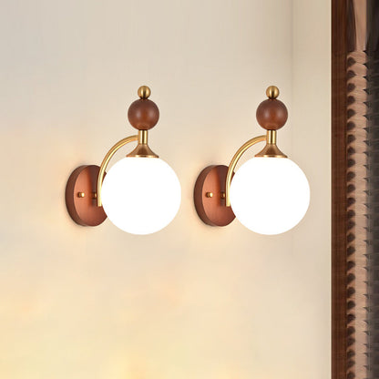 Traditional Vintage Glass Ball Shade Iron Wood 1-Light Wall Sconce Lamp For Dining Room