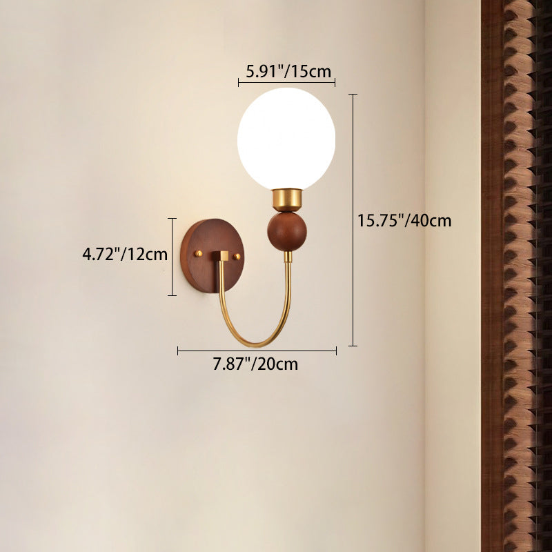 Traditional Vintage Glass Ball Shade Iron Wood 1-Light Wall Sconce Lamp For Dining Room