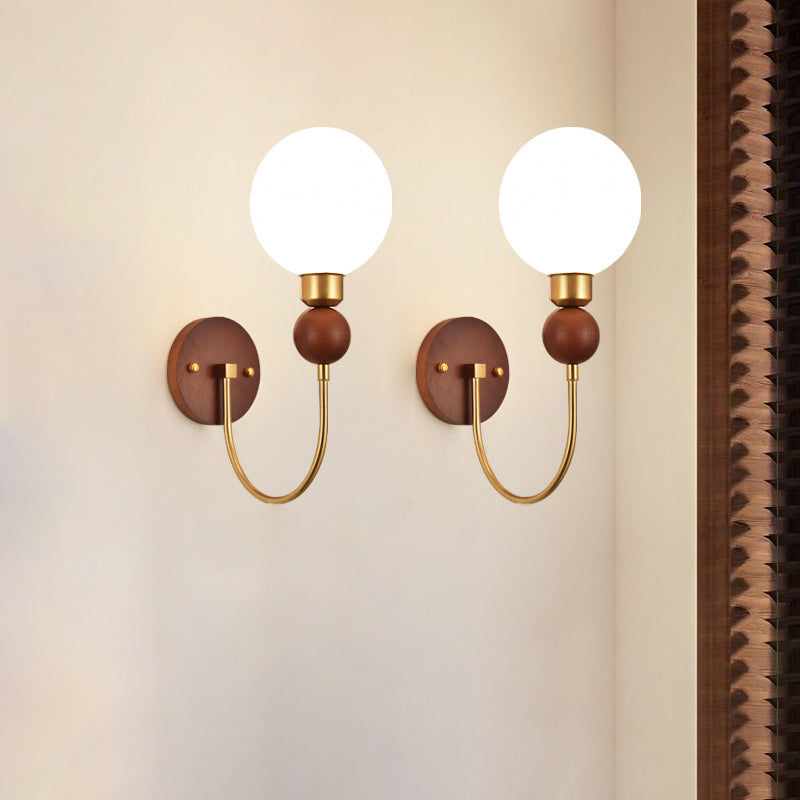 Traditional Vintage Glass Ball Shade Iron Wood 1-Light Wall Sconce Lamp For Dining Room