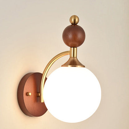Traditional Vintage Glass Ball Shade Iron Wood 1-Light Wall Sconce Lamp For Dining Room