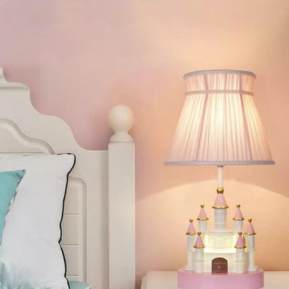 Traditional European Fabric Pink Dream Castle Resin Base 1-Light Table Lamp For Bedroom