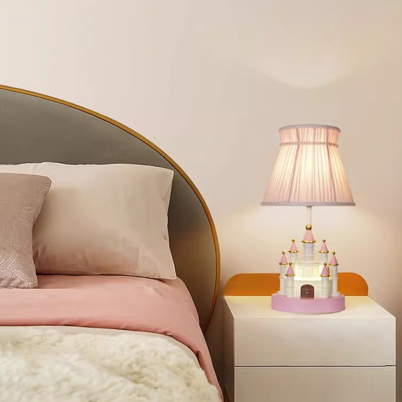 Traditional European Fabric Pink Dream Castle Resin Base 1-Light Table Lamp For Bedroom