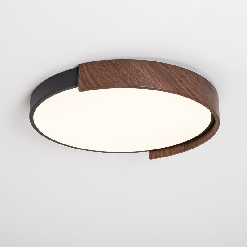 Modern Minimalist Iron Imitation Walnut Wood Grain PVC Round LED Flush Mount Ceiling Light For Bedroom