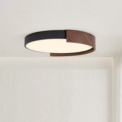 Modern Minimalist Iron Imitation Walnut Wood Grain PVC Round LED Flush Mount Ceiling Light For Bedroom