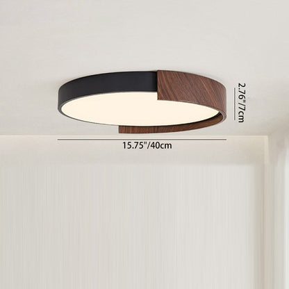Modern Minimalist Iron Imitation Walnut Wood Grain PVC Round LED Flush Mount Ceiling Light For Bedroom