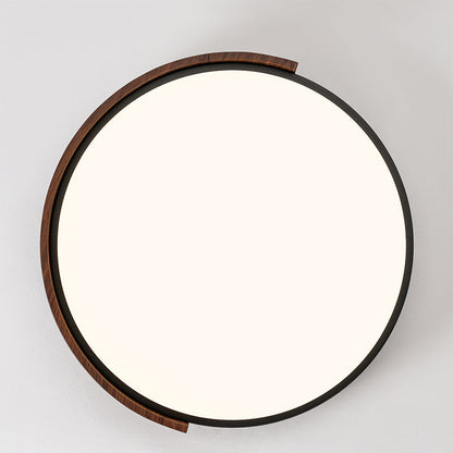 Modern Minimalist Iron Imitation Walnut Wood Grain PVC Round LED Flush Mount Ceiling Light For Bedroom